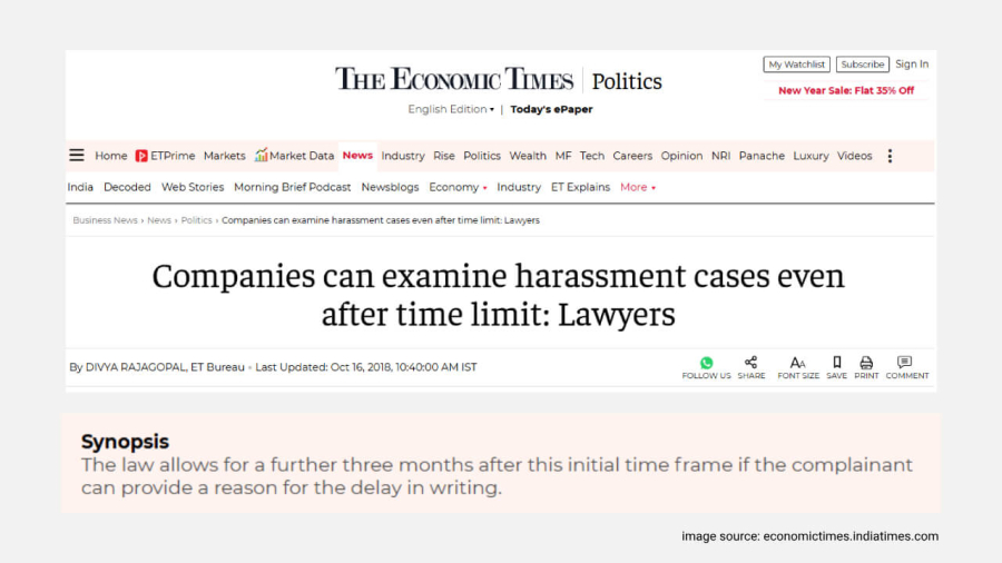 The Economic Times - Companies can examine harassment cases even after time limit: Lawyers